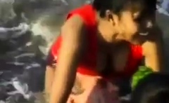 2 Indian girls with white guy in beach have fun blowjob..