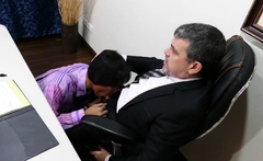 Asian twink barebacked by older male in office