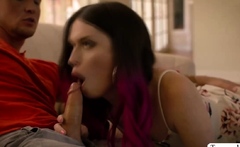 Stepbro visits his shemale stepsister and barebacks her ass