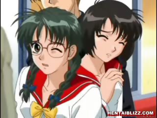 Cute anime coed rubs her hard nipples and gets fucked