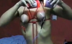 Self bondage tits play