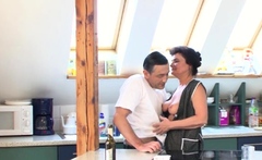 Natural housewife next door has kitchen sex