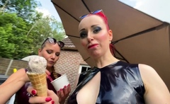 Outdoor lesbian sex with two blonde angels