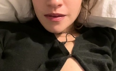 Busty curly brunette with big boobs fucks on couch