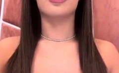 Busty curly brunette with big boobs fucks on couch