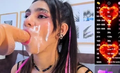 Small titted brunette Sharron with glasses masturbates