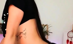 Busty curly brunette with big boobs fucks on couch