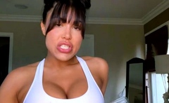 Busty curly brunette with big boobs fucks on couch