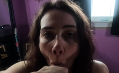 Brunette teen swallowing cum in POV blowjob