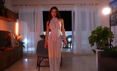 Busty curly brunette with big boobs fucks on couch